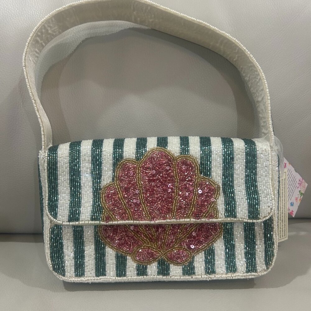 Handcrafted in India Tik Tok Viral Beaded Striped Shoulder Seashell Design Bag